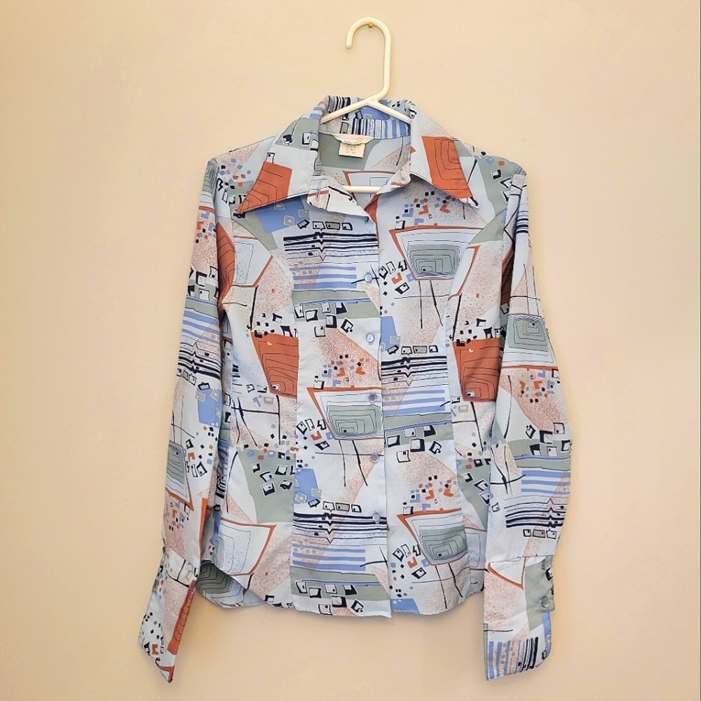 Vintage 80s Abstract Print Blouse with Funky Cuffs